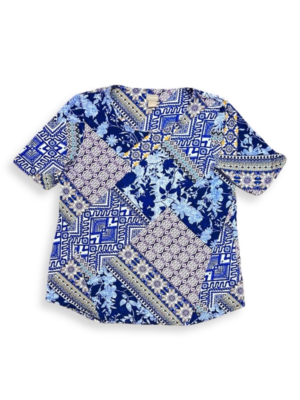 Chico’s Blue Geometric Floral Patchwork Short Sleeve Short Size 2 (Large)